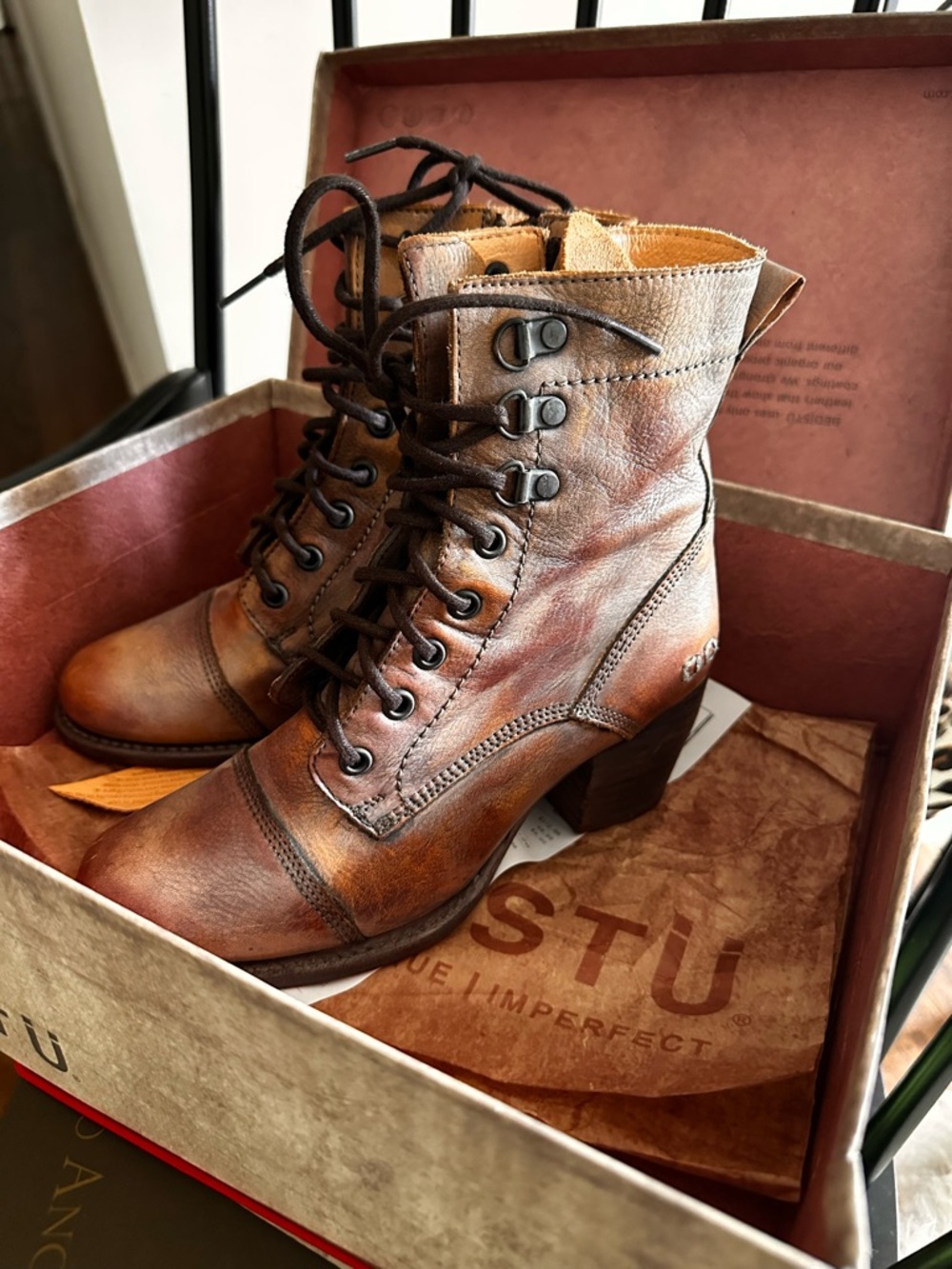 BED|STU Women's Lace-Up Leather Ankle Boots Judgement Teak Taupe Rustic brown